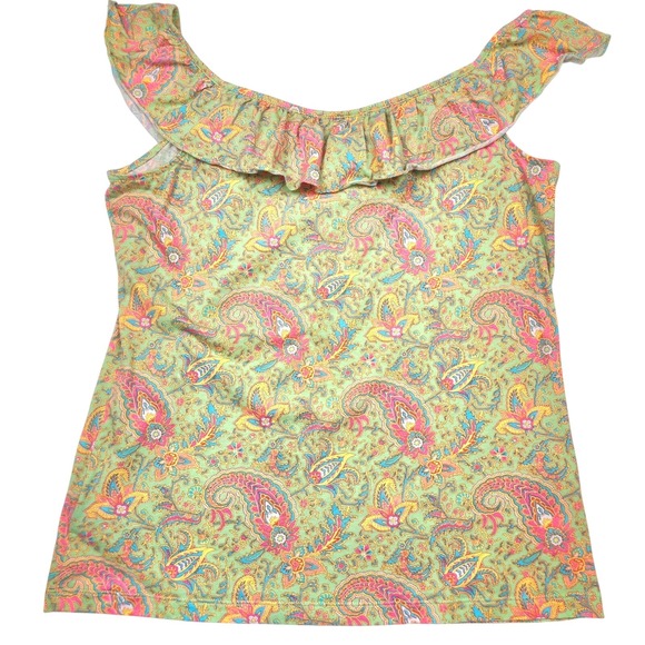 Lauren Ralph Lauren XL Ruffled Neck Sleeveless Top Paisley Print Tank Vacation - Picture 3 of 5
